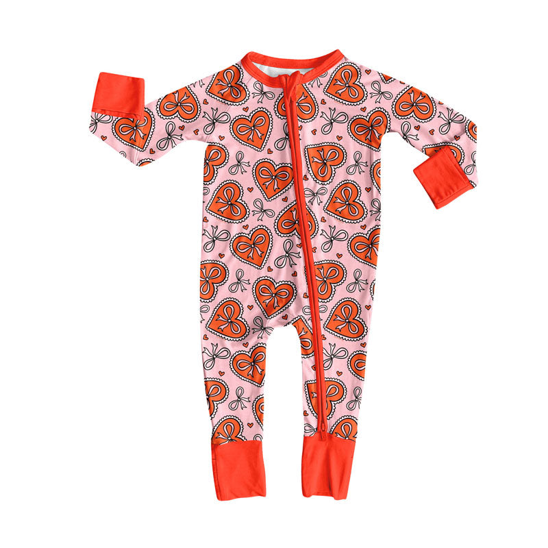 Preorder (moq 8)Baby Girls Orange Bows Hearts Valentine Zipper Footie Rompers