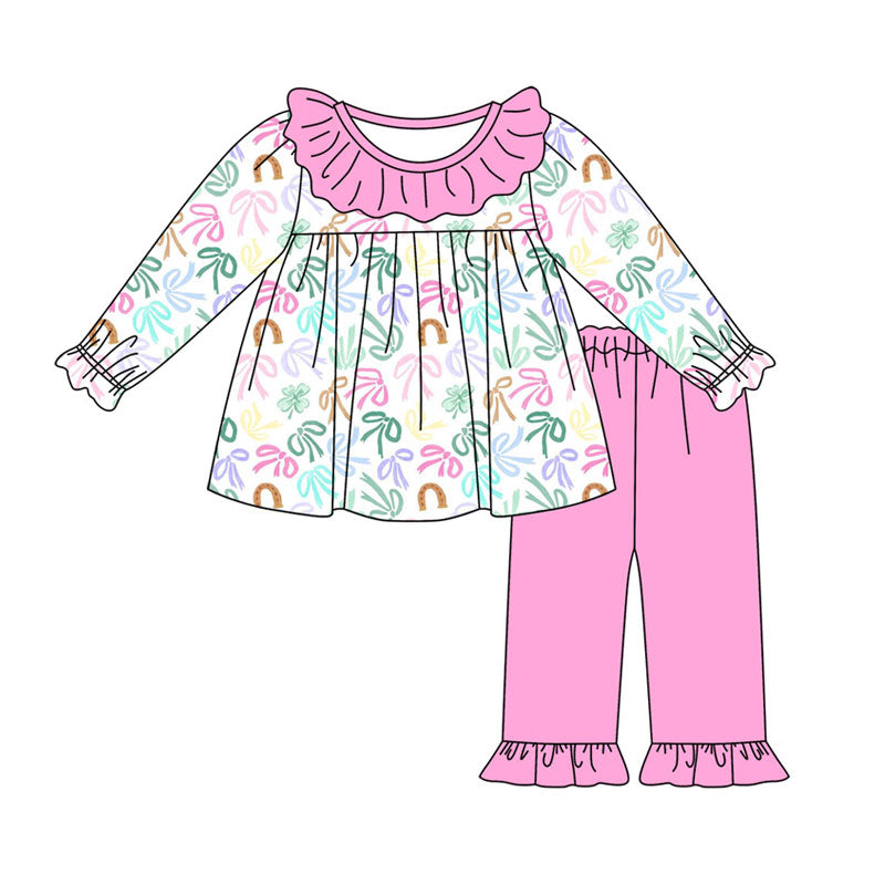 Preorder (moq 5) Baby Girls Colorful Bows Clovers Tunic Ruffle Pant St Patrick Clothes Set