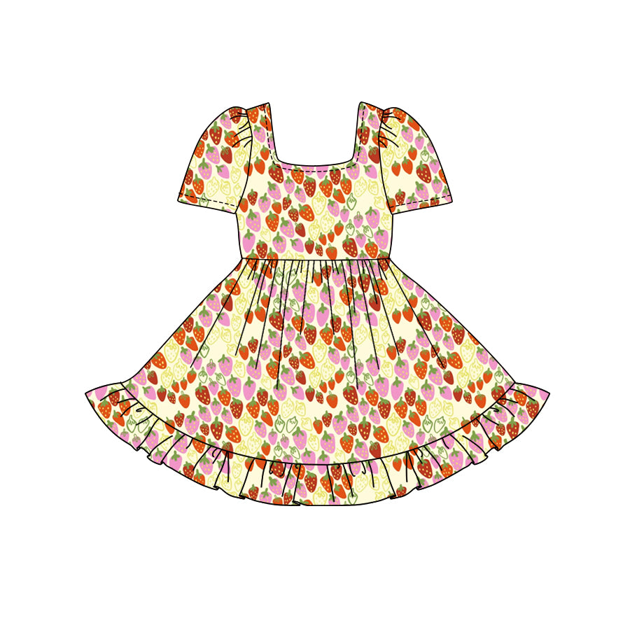 Preorder (moq 5)Baby Girls Yellow Short Sleeves Strawberry Plaid Ruffle Knee Length Dresses