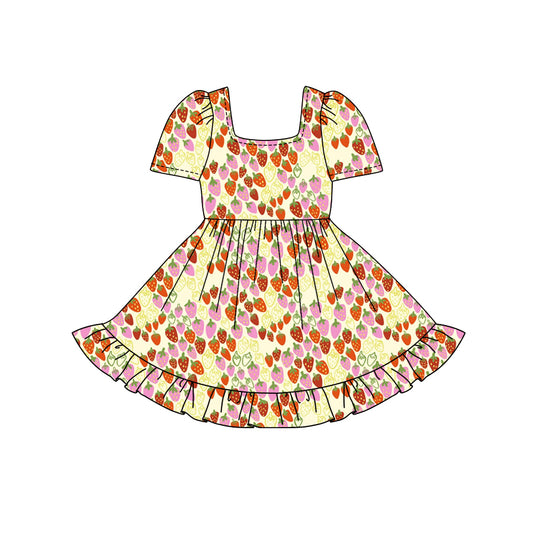 Preorder (moq 5)Baby Girls Yellow Short Sleeves Strawberry Plaid Ruffle Knee Length Dresses