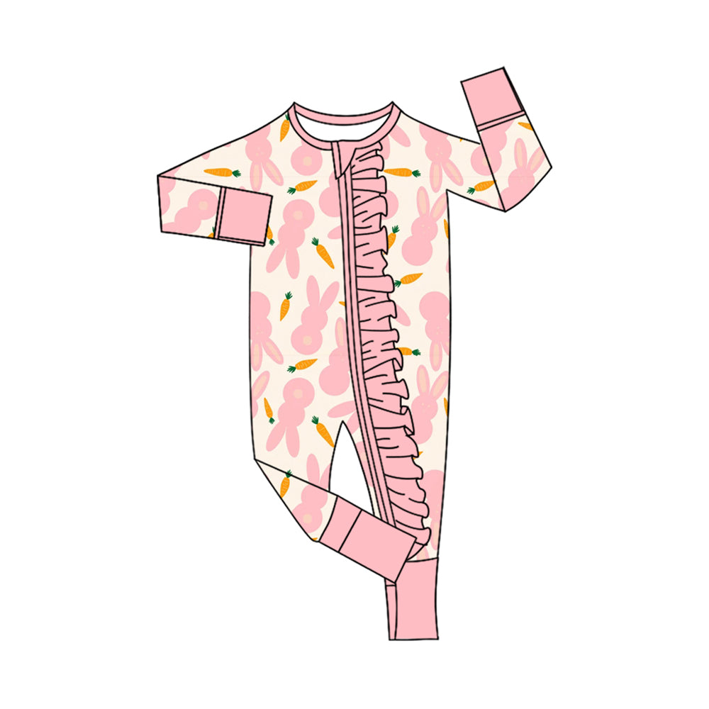 Preorder (moq 5) Baby Girl Clothes Easter Light Pink Bunny Carrot Silhouette Print Long Sleeve Zipper Ruffle Romper