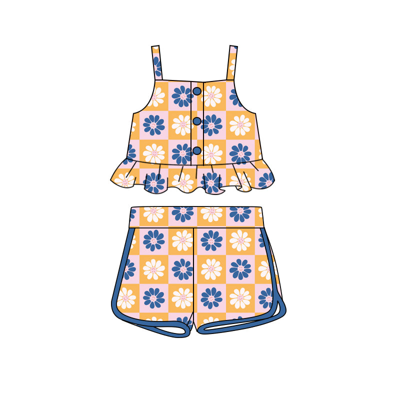 Preorder (moq 5)Baby Girls Flowers Blue Orange Straps Top Shorts Clothes Sets