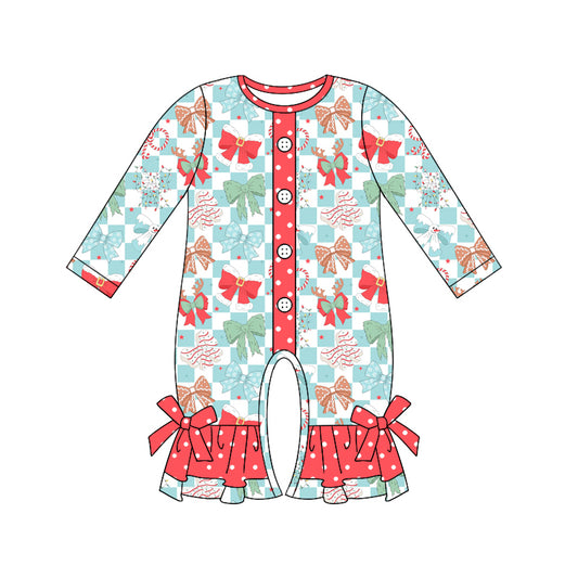 Preorder (moq 5)Baby Girls Long Sleeves Blue Plaid Colorful Bows Button Ruffle Rompers