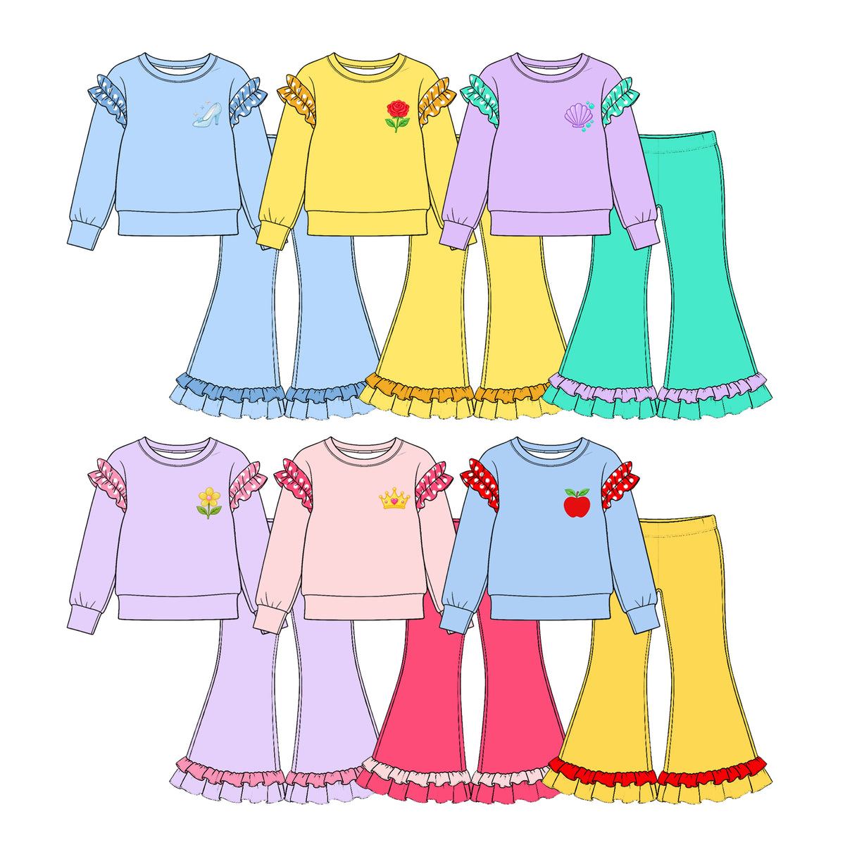 Preorder (moq 5) Baby Girl Clothes Crystal Shoe Embroidery Print Long Sleeve Ruffle Sleeve Flare Pant Set