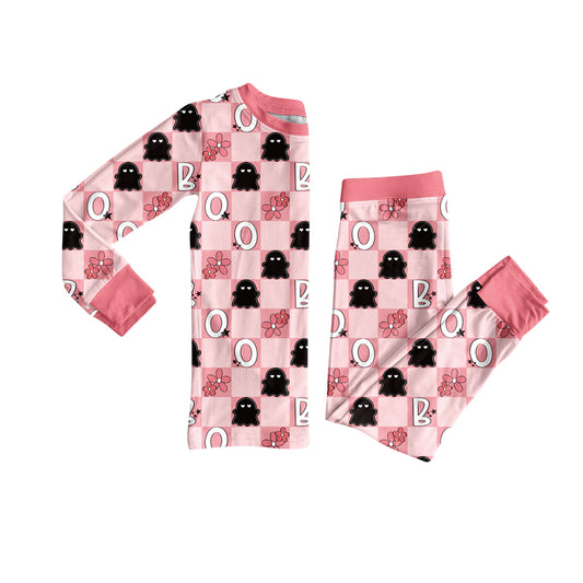 Preorder (moq 5)Baby Girls Long Sleeves Pink Plaid Flowers Ghosts Top Pant Pajamas Set
