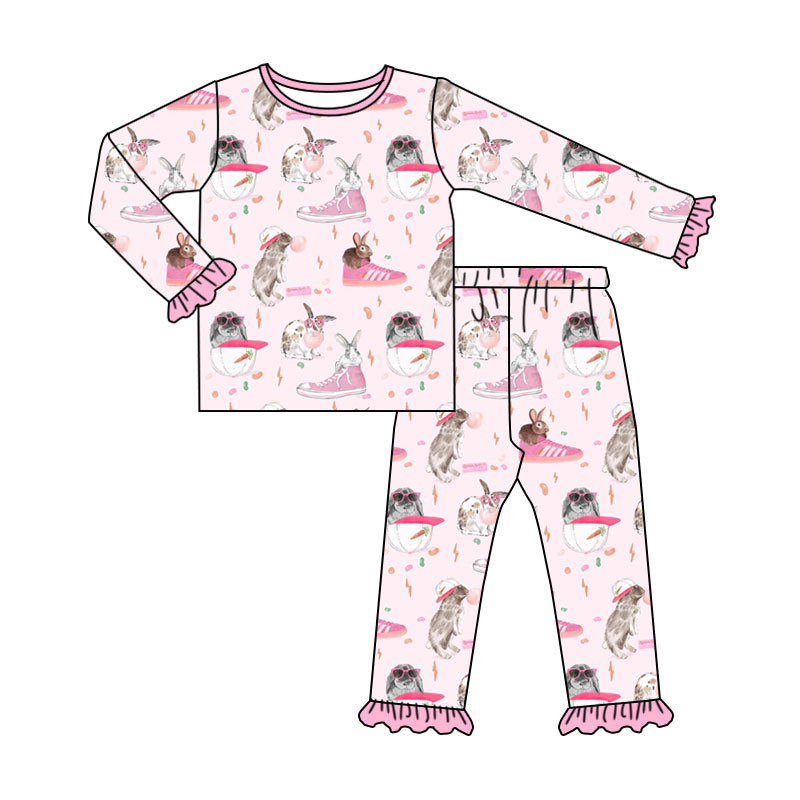 Preorder (moq 5) Baby Girl Clothes Cool Bunny Pink Sneaker Carrot Print Long Sleeve Top Ruffle Pant Pajama Set