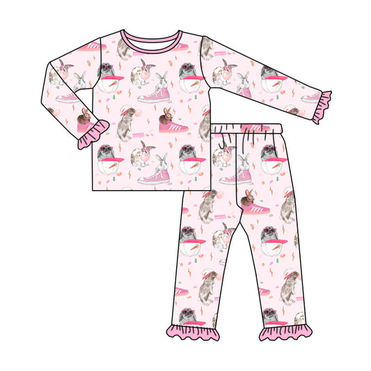 Preorder (moq 5) Baby Girl Clothes Cool Bunny Pink Sneaker Carrot Print Long Sleeve Top Ruffle Pant Pajama Set