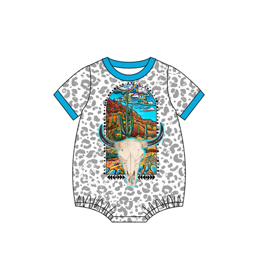 Preorder (moq 5)Baby Infant Western Leopard Cow Skull Short Sleeve Rompers