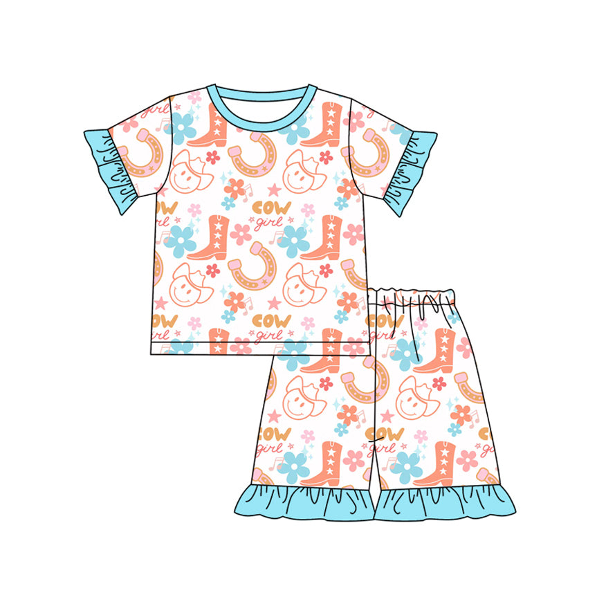 Preorder (moq 5)Baby Girls Western Boots Flowers Top Shorts Pajamas