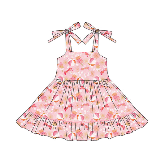 Preorder (moq 5)Baby Girls Pink Bows Strap Glasses Beach Ruffle Knee Length Dresses