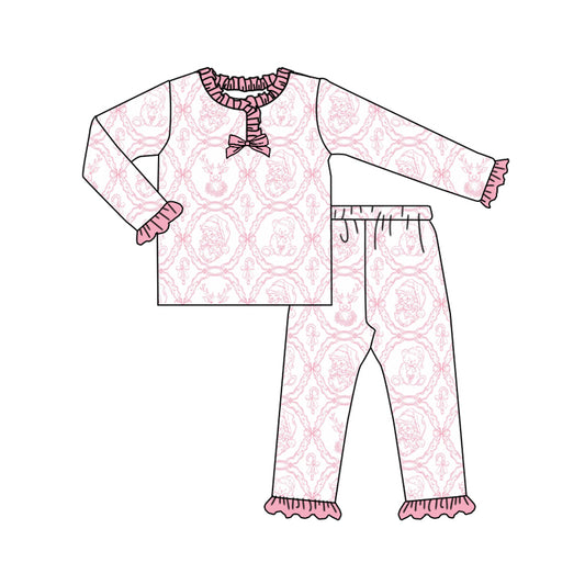Preorder (moq 20)Baby Girls Bamboo Deer Santa Candy Cane Christmas Ruffle Pajamas Sets
