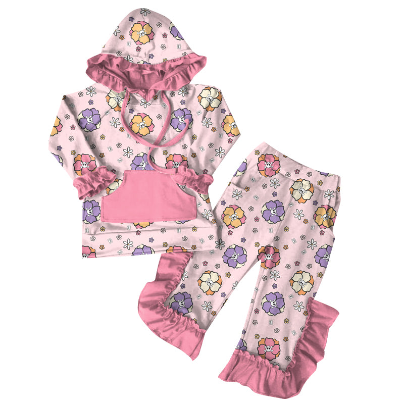 Preorder (moq 5)Baby Girls Long Sleeves Lavender Flowers Pockets Hoodie Ruffle Pant Clothes Set