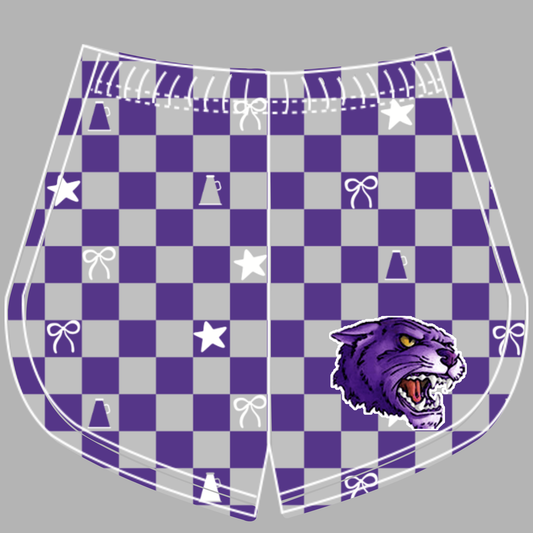 Preorder (moq 5)Baby Girls Grey Purple Checked Wildcats Cheer Team Shorts Bottoms