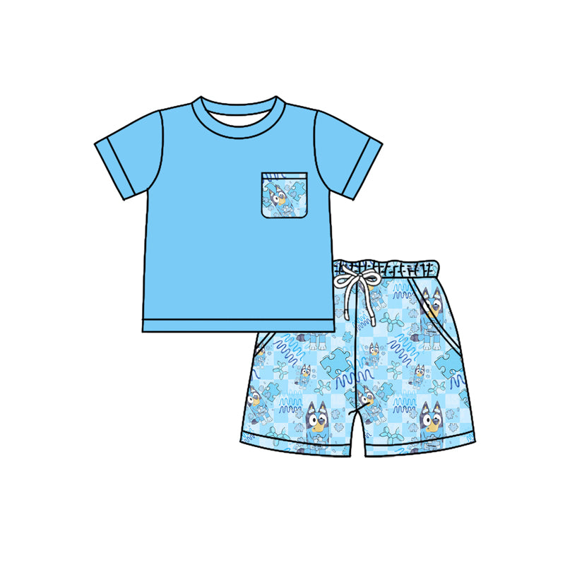 Preorder moq 5 Baby Boys Blue Short Sleeves Pocket Top Cartoon Dogs Short Set