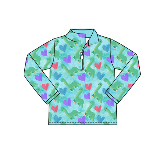 Preorder (moq 5) Baby Girl Clothes Teal Watercolor Dinosaur Heart Allover Print Long Sleeve Half Zip Top