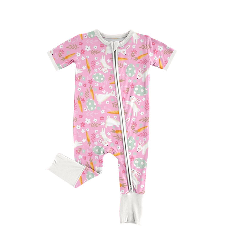 Preorder moq 5 Baby Girls’ & Girls’ Spring Easter Pink Cute Bunny & Carrot Print Crew Neck Long Sleeve Zipper Romper