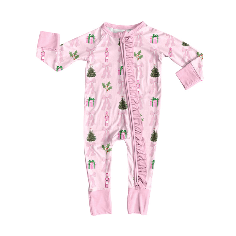Preorder(moq 5)Baby Girls Christmas Pink Bow Soldier Zipper Footie Rompers