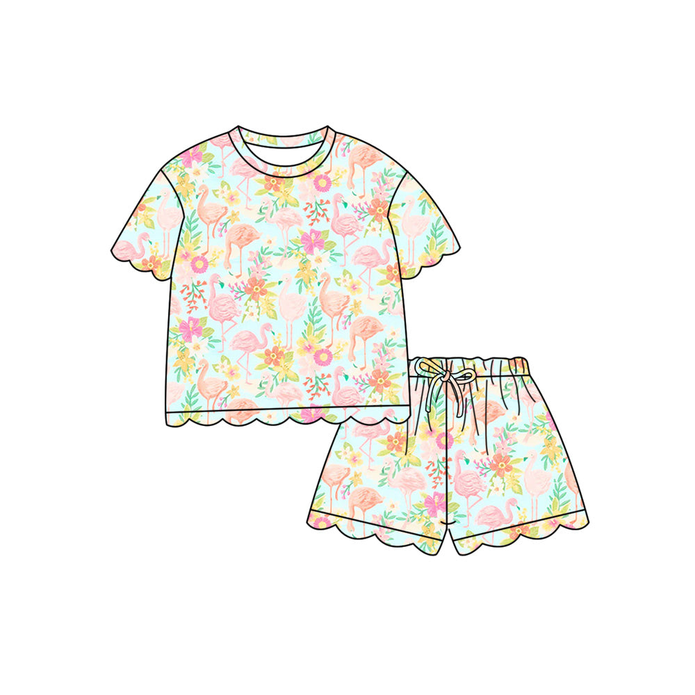 Preorder (moq 5)Baby Girls Flower Flamingos Top Scallop Shorts Clothes Sets