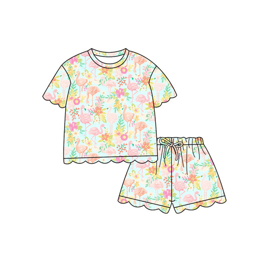 Preorder (moq 5)Baby Girls Flower Flamingos Top Scallop Shorts Clothes Sets