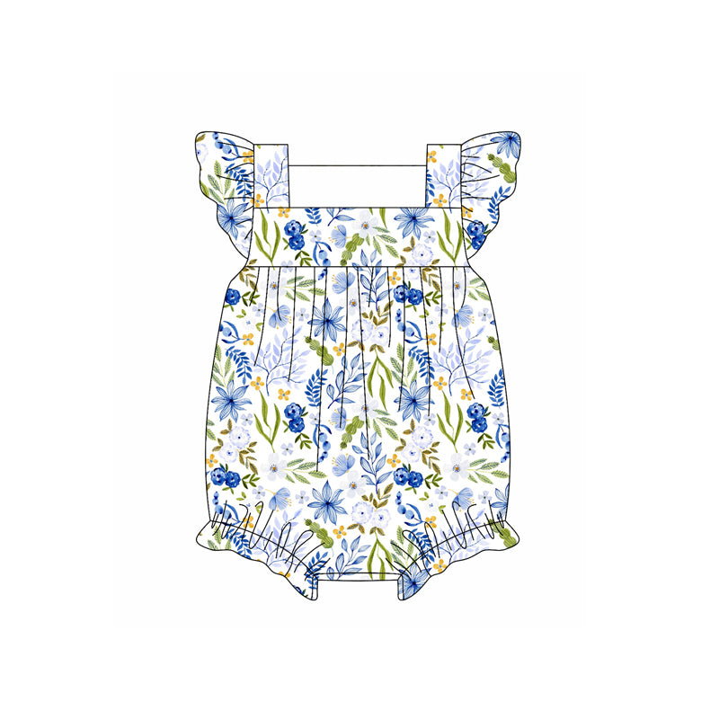 Preorder moq 5 Baby Girls Flutter Sleeves Blue Floral Ruffle Rompers