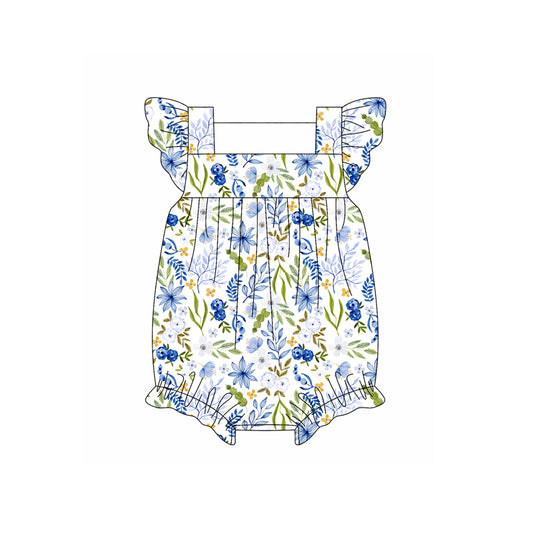 Preorder moq 5 Baby Girls Flutter Sleeves Blue Floral Ruffle Rompers