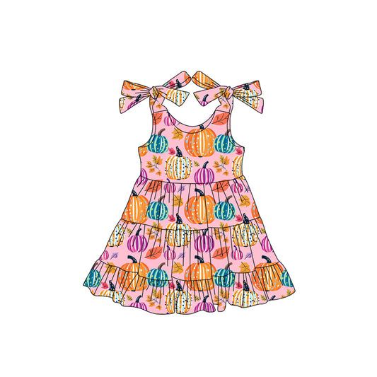 Preorder (moq 5)Baby Girls Bows Sleeveless Colorful Pumpkins Plaid Ruffle Knee Length Dresses