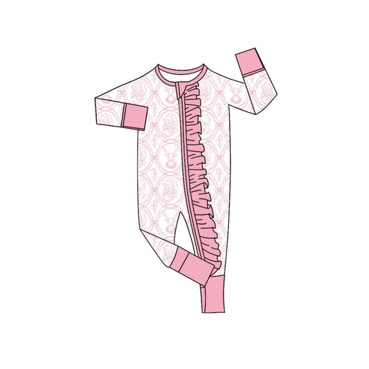 Preorder (moq 20)Baby Girls Bamboo Pink Santa Deer Christmas Ruffle Zippy Footie Rompers