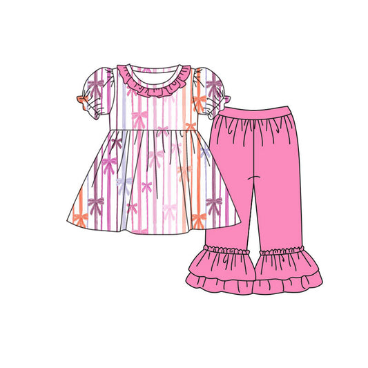 Preorder(moq 8)Baby Girls Colorful Bows Stripe Tunic Ruffle Pants Clothes Sets