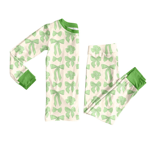Preorder (moq 5)Baby Girls Light Green Bows Top Pants St Patrick Pajamas Sets