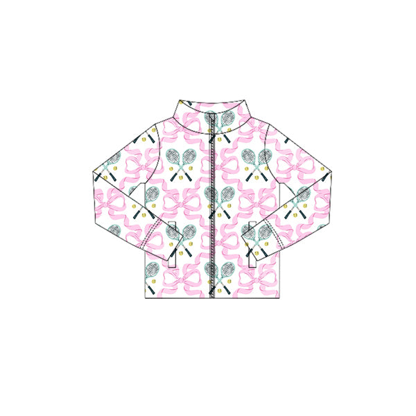 Preorder (moq 5)Baby Girls Long Sleeves Pink Bows Tennis Balls Plaid Zipper Pockets Jackets Top