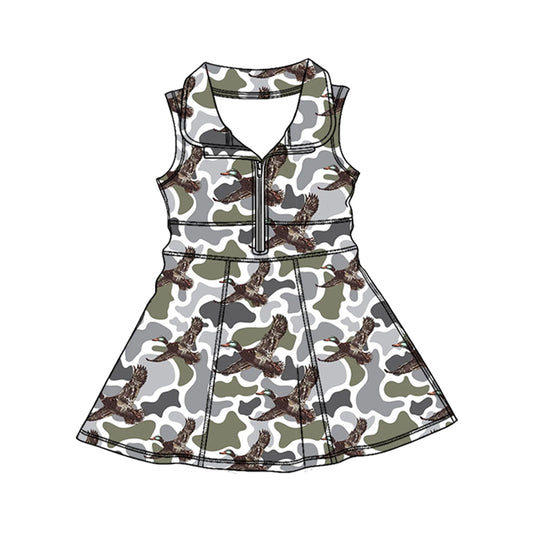 Preorder (moq 5)Baby Girls Southern Green Camo Ducks Hunting Zipper Knee Length Dress