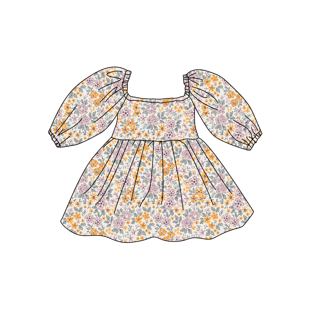 Preorder (moq 5)Baby Girls Long Sleeve Colorful Flowers Knee Length Dresses