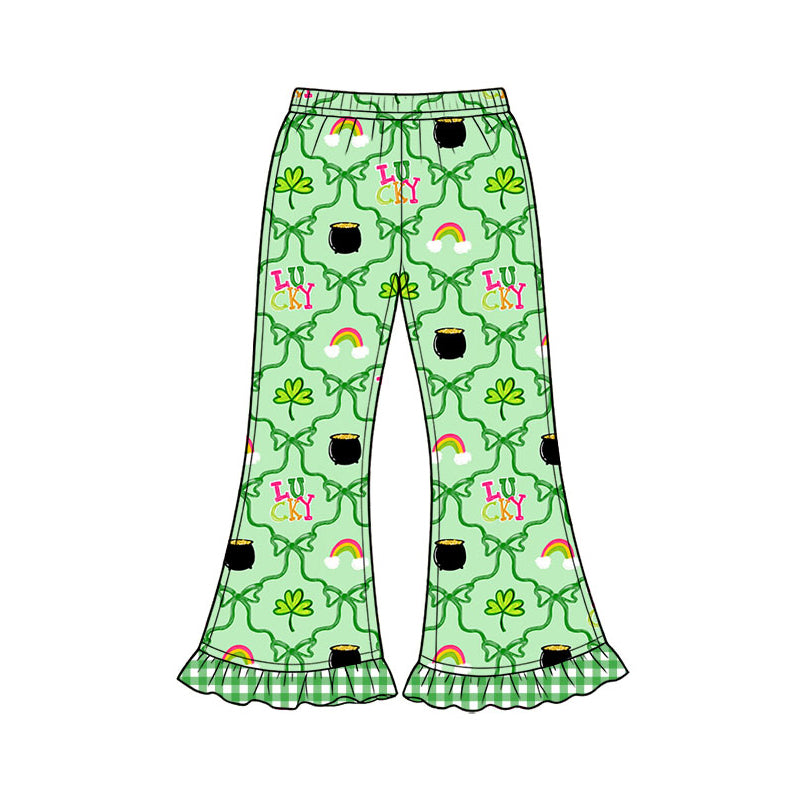 Preorder (moq 5) Baby Girl Clothes Lucky Rainbow Pot Of Gold Print Long Sleeve Ruffle Flare Pant