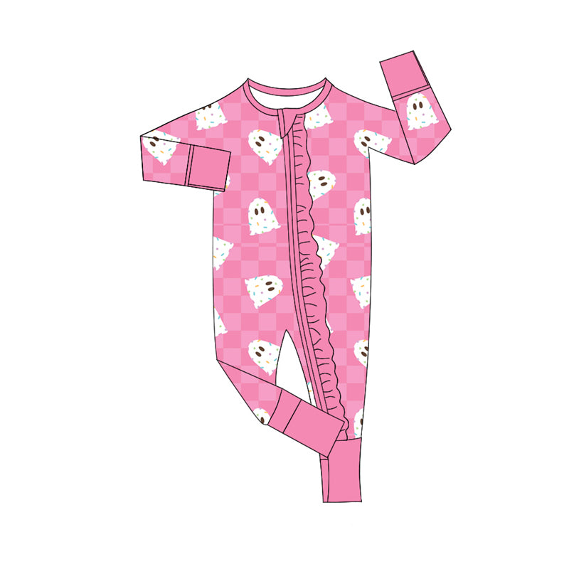 Preorder (moq 5)Baby Girls Long Sleeves Pink Ghosts Plaid Ruffle Zipper Romper