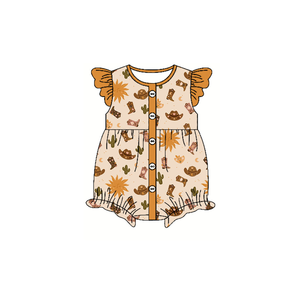 Preorder moq 5 Baby Girls Khaki Flutter Sleeves Button Cactus Boots Ruffle Rompers