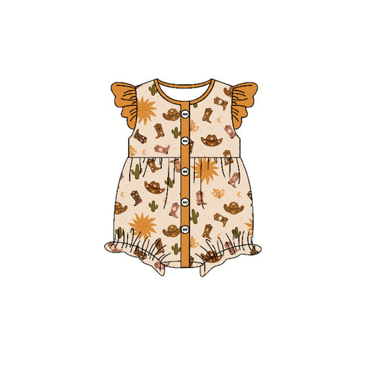 Preorder moq 5 Baby Girls Khaki Flutter Sleeves Button Cactus Boots Ruffle Rompers