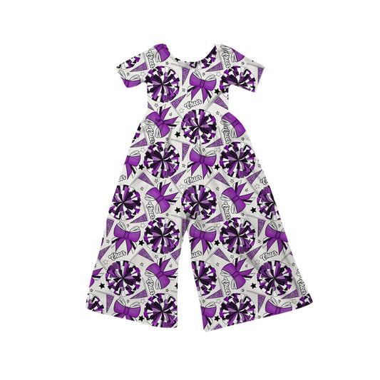 Preorder(moq 8)Baby Girls Purple Bows Go Footballs Short Sleeve Team Pant Jumpsuits