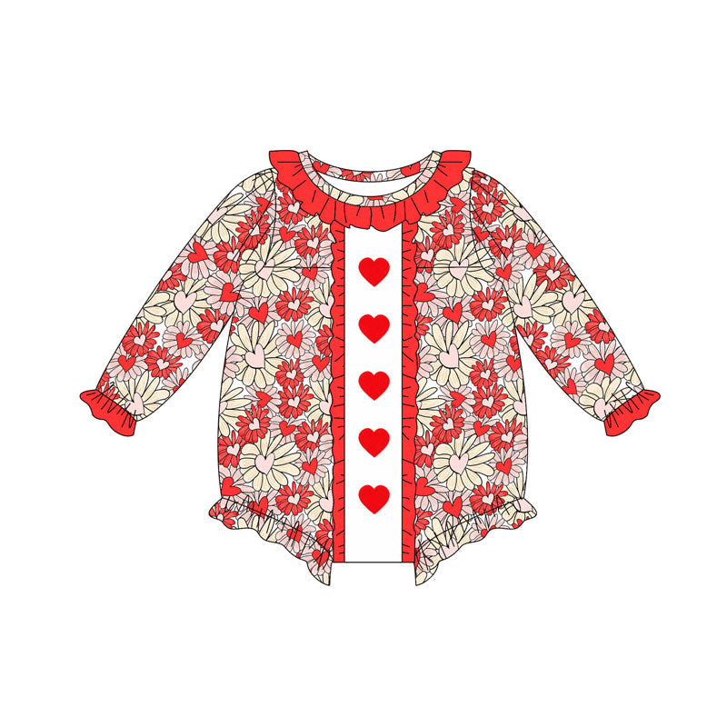 Preorder (moq 5)Baby Girls Red Daisy Hearts Valentine Ruffle Rompers