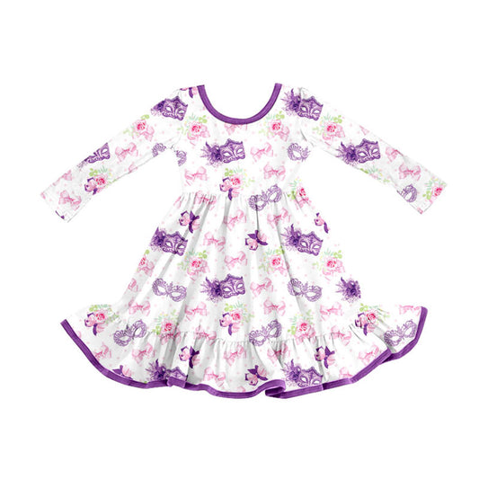 Preorder (moq 5)Baby Girls Mardi Gras Flowers Masks Bows Ruffle Knee Length Dresses
