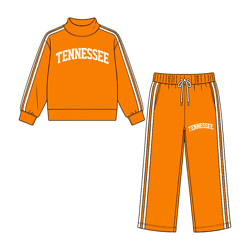Preorder (moq 5) Baby Girl Clothes Orange Letter Graphic Print Long Sleeve Mock Neck Top Wide Leg Pant Outfit Set
