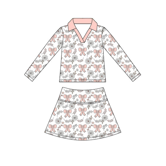 Preorder (moq 5)Baby Girls Long Sleeve Bows Flowers Top Skirt Short Clothes Sets