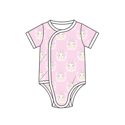 Preorder (moq 5) Baby Girl Clothes Pink Watercolor Bunny Floral Mixed Print Short Sleeve Side Snap Baby Bodysuit