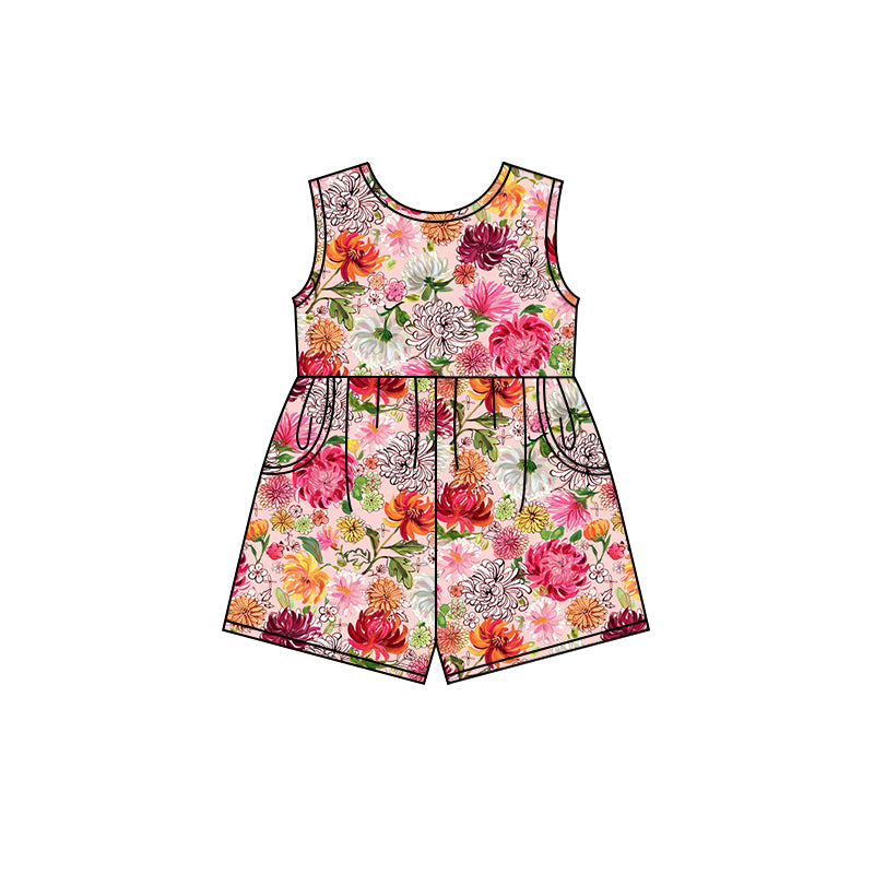 Preorder (moq 5)Baby Girls Red Flowers Shorts Pockets Jumpsuits