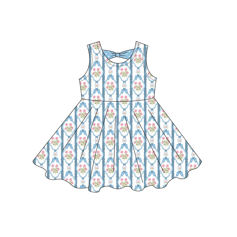 Preorder moq 5 Baby Girls Sleeveless Flowers Bows Stripe Knee Length Dresses