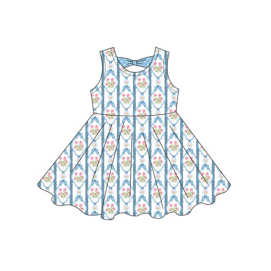 Preorder moq 5 Baby Girls Sleeveless Flowers Bows Stripe Knee Length Dresses