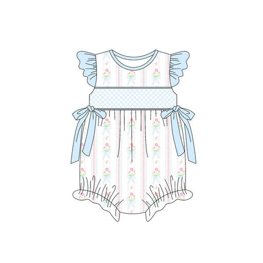 Preorder(moq 5)Baby Infant Girls Blue Flutter Sleeves Floral Stripe Bows Ruffle Rompers