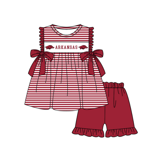 Preorder (moq 5)Baby Girls Red Sleeveless Arkansas Stripe Tunic Ruffle Shorts Team Clothes Sets