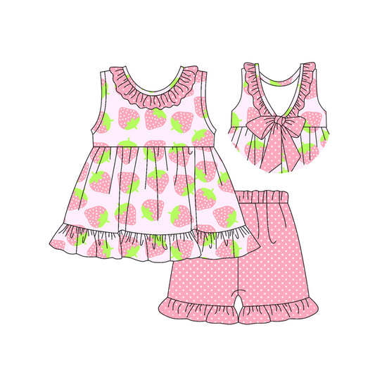 Preorder (moq 5)Baby Girls Pink Polka Dots Strawberry Round Collar Tunic Ruffle Shorts Clothes Sets
