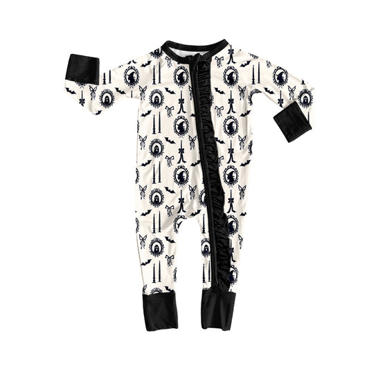 Preorder (moq 5)Baby Girls Ghosts Bats Halloween Two Way Ruffle Zip Convertible Rompers