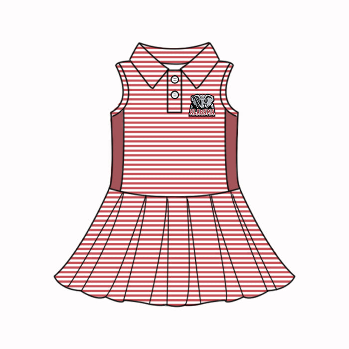 Preorder (moq 5)Baby Girls Sleeveless Red Stripe Button Alabama Team Knee Length Dresses